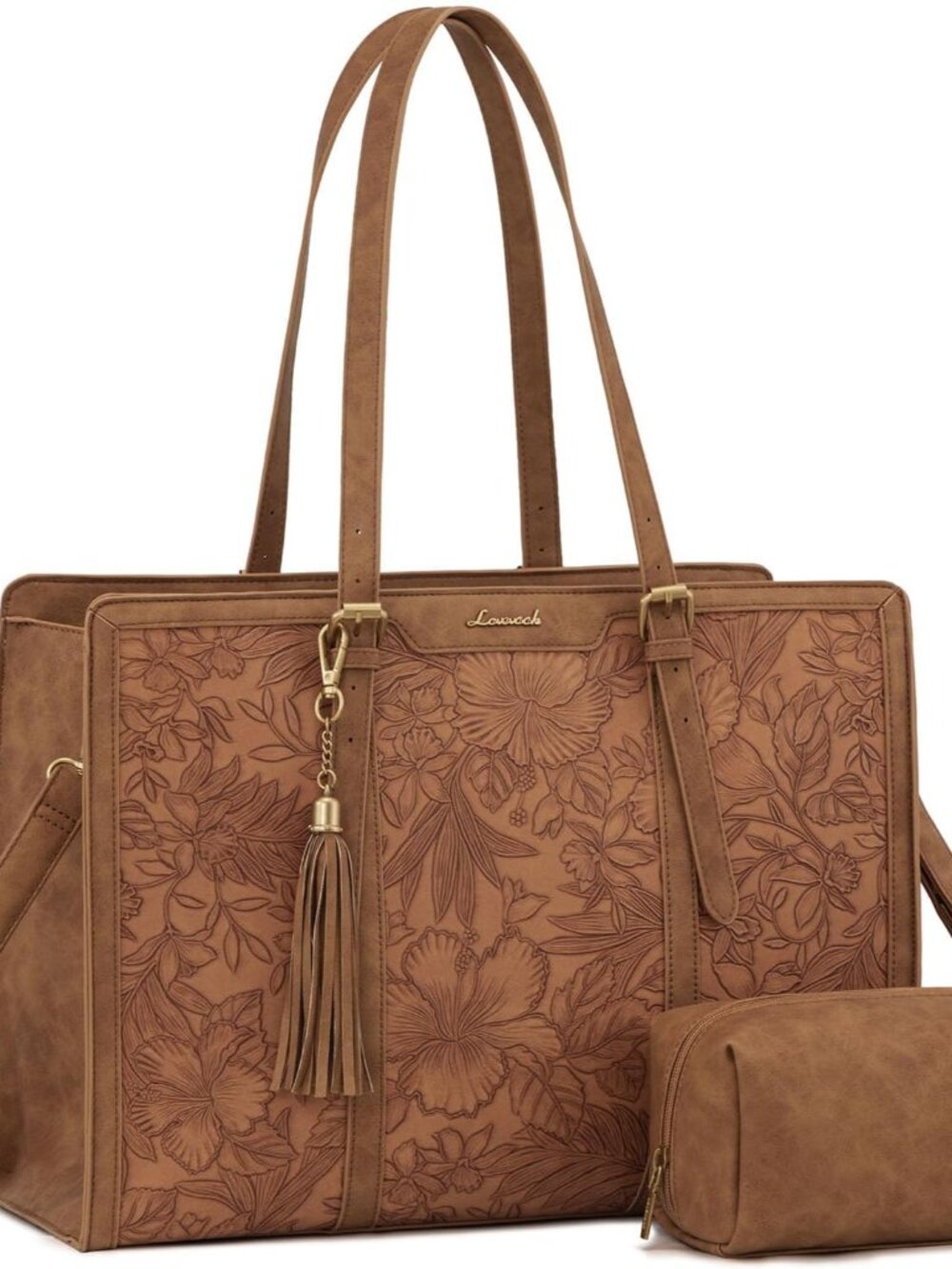 Laptop Bag for Women, Vintage Leather 15.6 Inch Work Tote with Large Cup Holder,